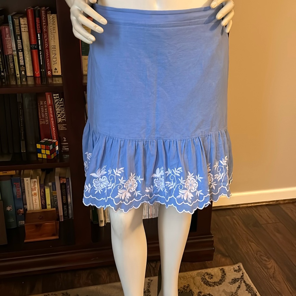 J. Crew Periwinkle Blue Mini Skirt with White Floral Embroidery